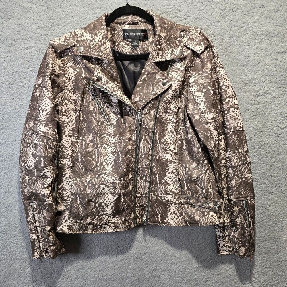 Colleen Lopez Faux Leather‎ Moto Jacket Womens M Animal Print Brown Cream